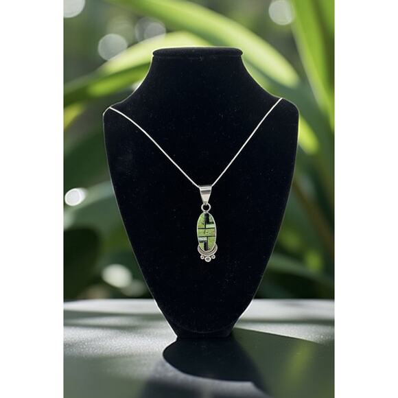 Native American Made Inlayed Green Turquoise/Onyx/Opal Sterling Silver Necklace - Picture 2 of 8